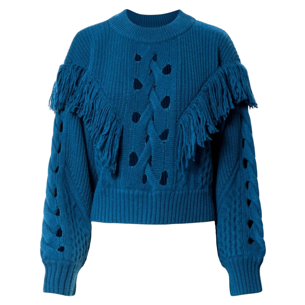 Equipment Femme Amira Sweater Deep Lagoon Blue Fringe Chunky Knit Wool Cashmere - Picture 8 of 8